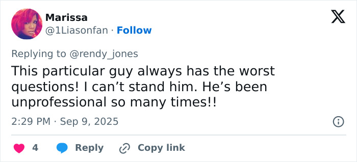 Screenshot of a social media response criticizing the reporter&rsquo;s unprofessional questions about Leonardo DiCaprio.