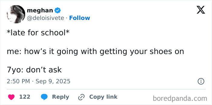 Tweet showing a humorous parenting moment about a 7-year-old struggling to put on shoes, related to parenting posts.