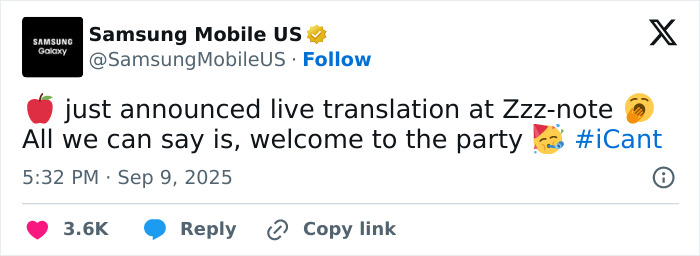Samsung Mobile US tweet mocking new iPhone launch with playful emojis and hashtag, highlighting brand rivalry on social media. Samsung Mobile US tweet mocking new iPhone launch with playful emojis and hashtag, highlighting brand rivalry on social media.