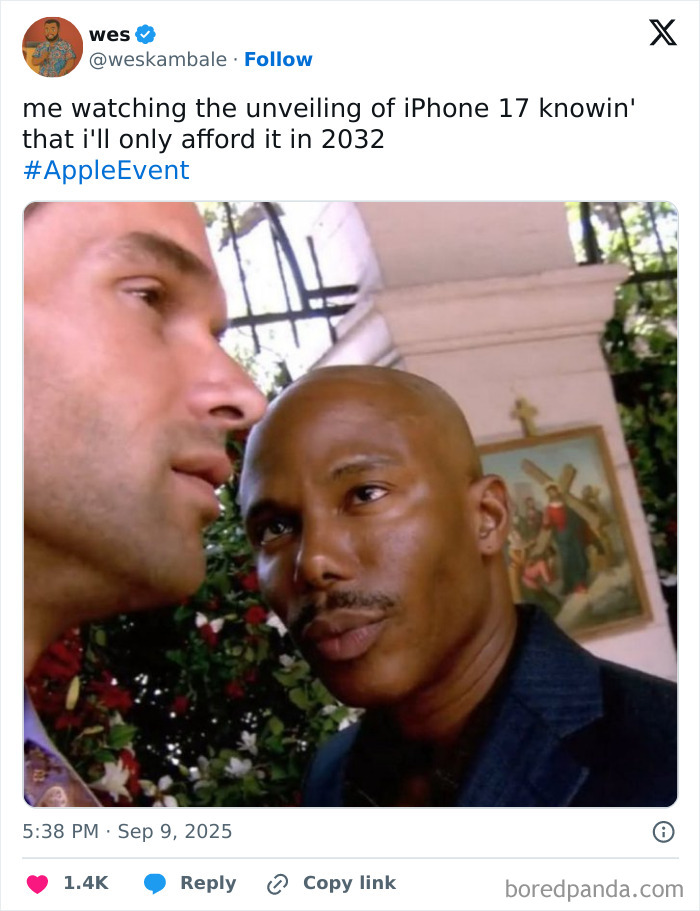 Close-up of two men with serious expressions, used in memes roasting Apple's new iPhone launch and design.