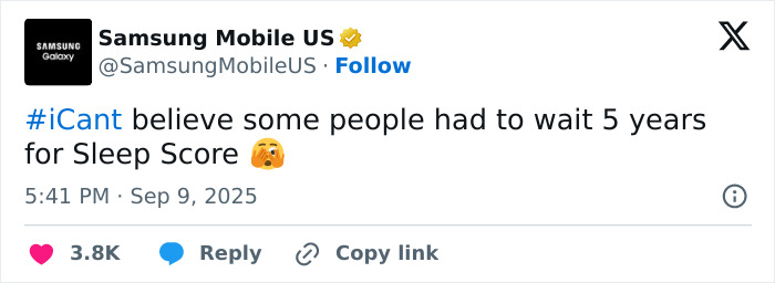 Samsung Mobile US tweet mocking new iPhone Sleep Score feature shortly after Apple product launch. Samsung Mobile US tweet mocking new iPhone Sleep Score feature shortly after Apple product launch.
