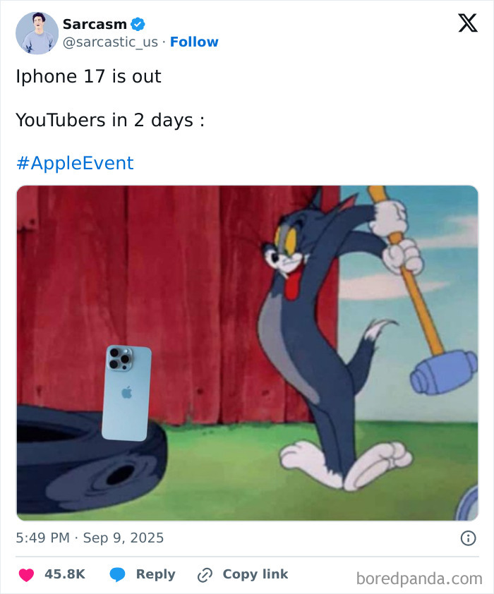 Tom cartoon character ready to strike iPhone 17 with mallet, illustrating roasting memes on new iPhone launch design.