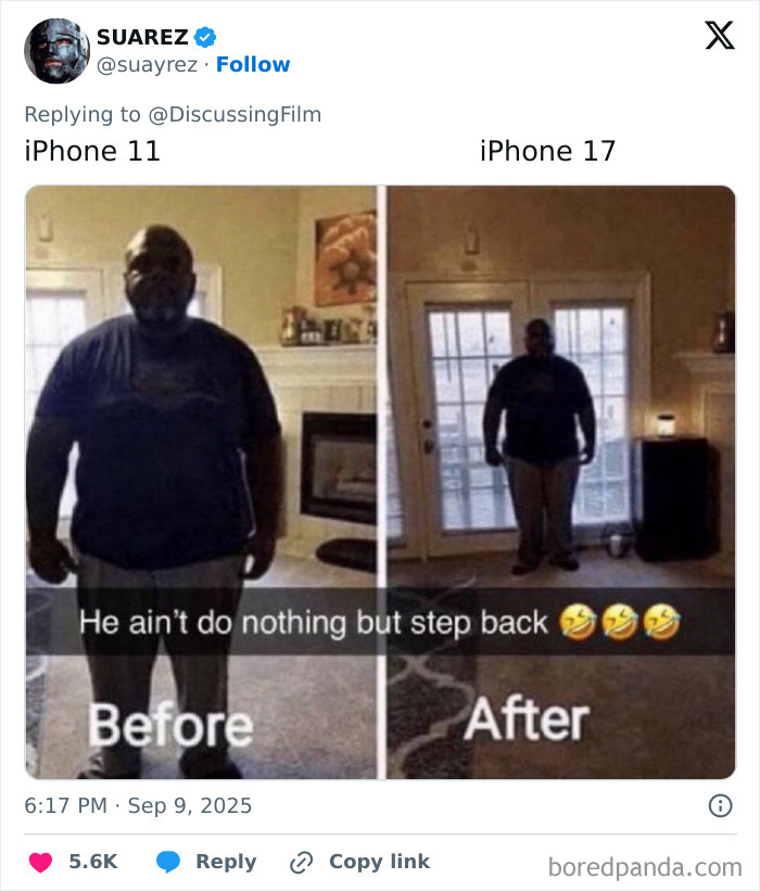 Man standing in a room showing humorous meme roasting Apple's new iPhone launch with iStove design still continues joke.