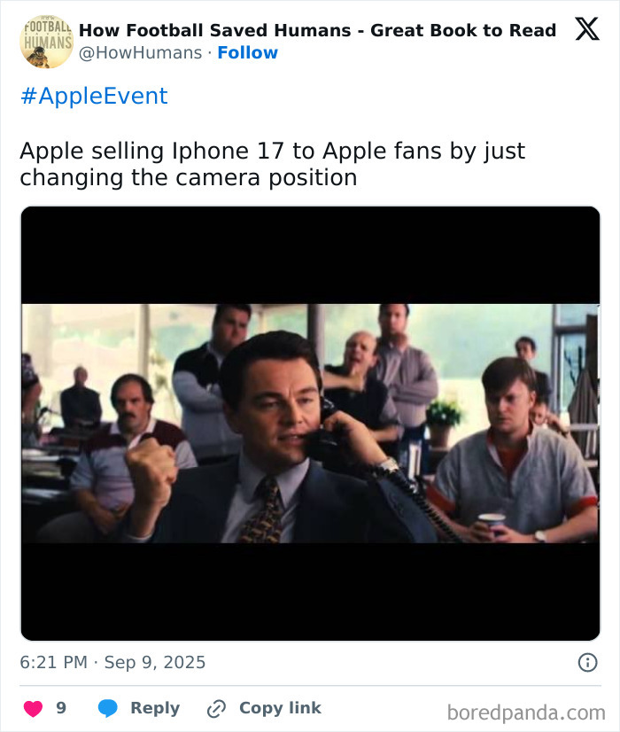 Scene from a movie showing a man in a suit on the phone, used in a meme roasting Apple iPhone launch design.