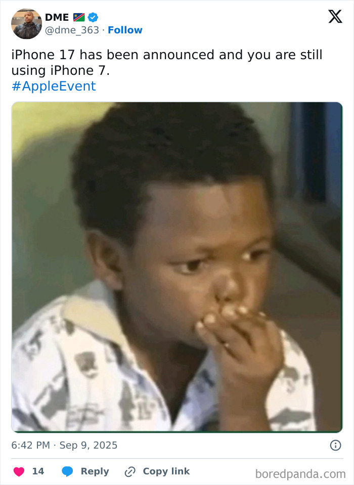 Young boy looking surprised and contemplative, illustrating reactions to iStove design still continues in iPhone launch memes.