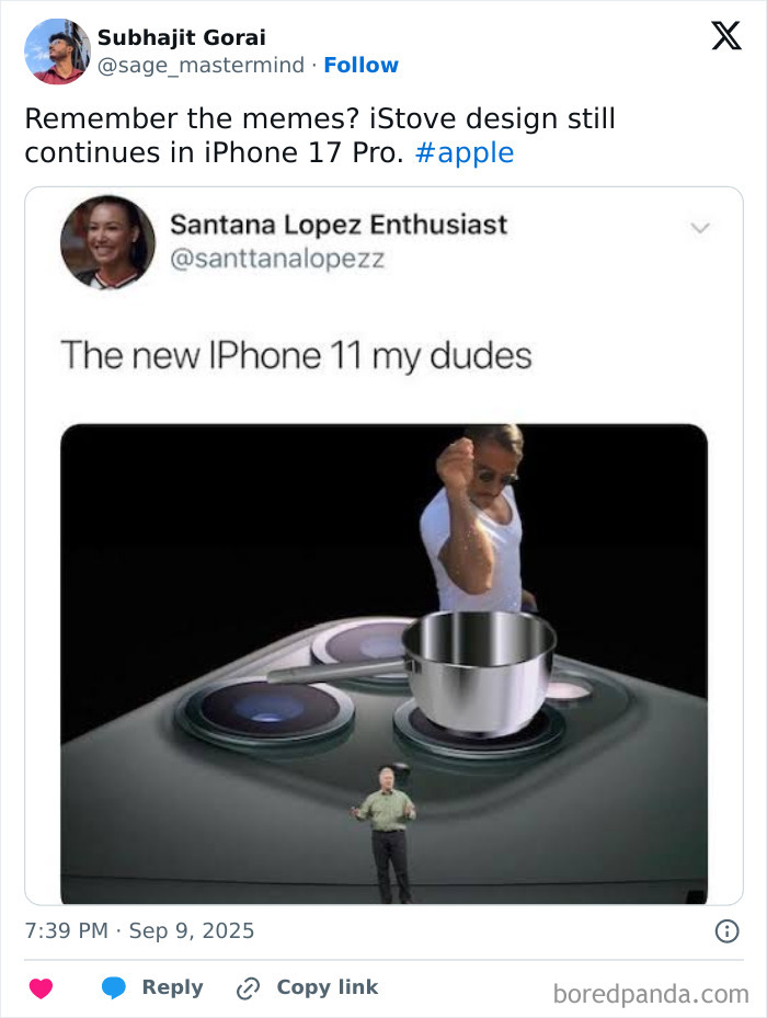 Tweet showing iStove design meme roasting Apple's iPhone 11 camera with a person sprinkling seasoning on it.