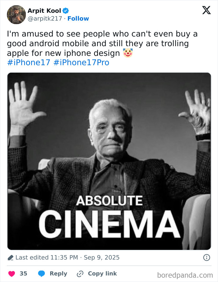 Tweet mocking iPhone 17 design with a black and white image of a man raising hands and text absolute cinema.