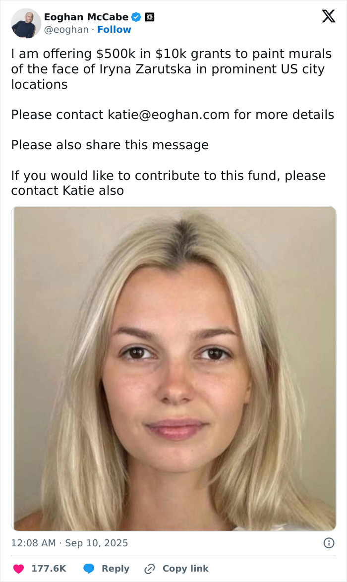 Alt text: Announcement of grants to paint murals featuring Iryna Zarutska, linked to Elon Musk and Andrew Tate donations Alt text: Announcement of grants to paint murals featuring Iryna Zarutska, linked to Elon Musk and Andrew Tate donations