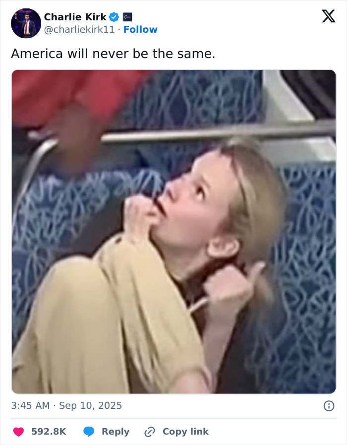 Tweet from Charlie Kirk with a distressed woman sitting, related to Iryna Zarutska and brutal crime after fatal attack.