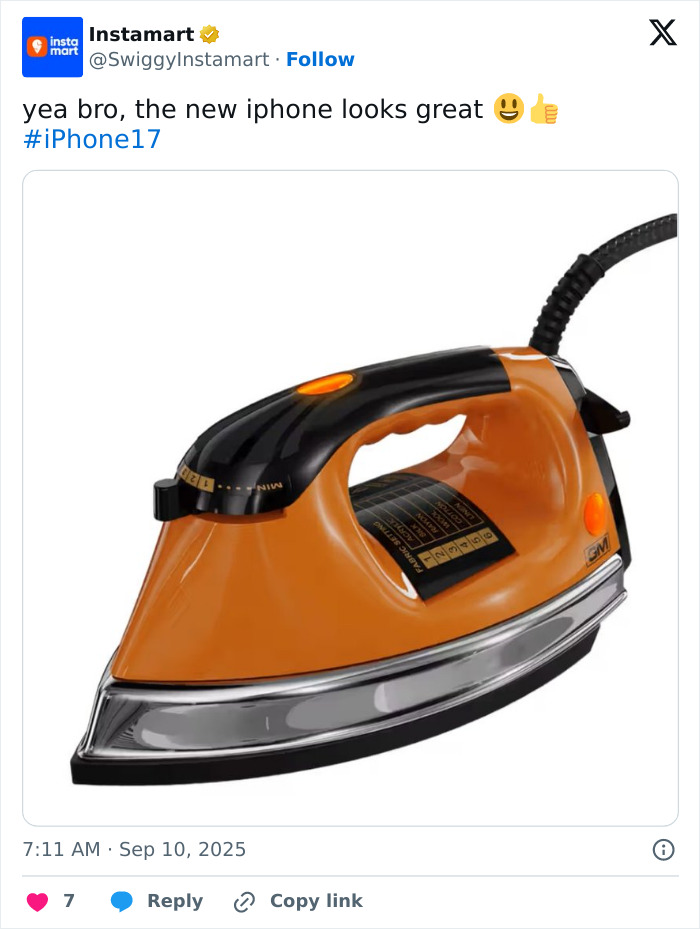 Orange and black iron being humorously compared to new iPhone in Samsung brutal mock and other brands joining in online. Orange and black iron being humorously compared to new iPhone in Samsung brutal mock and other brands joining in online.