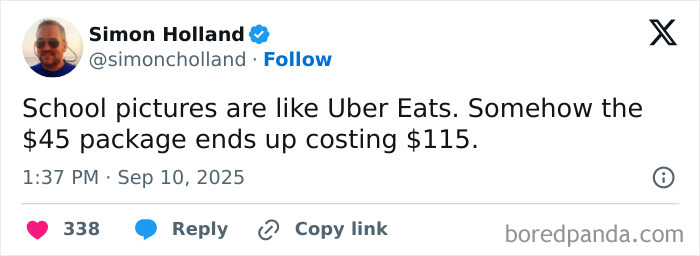 A humorous parenting post comparing school picture costs to Uber Eats, featured in parenting posts that might make you chuckle.