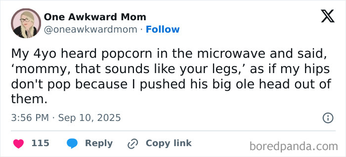 Tweet from One Awkward Mom sharing a humorous parenting post about a child's funny comment on popcorn sounds.