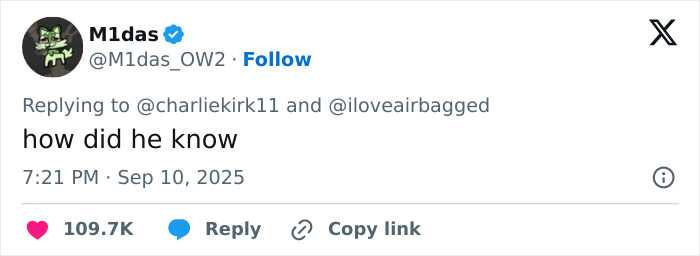 Tweet by user M1das replying with how did he know, mentioning Charlie Kirk, with engagement icons below the text.