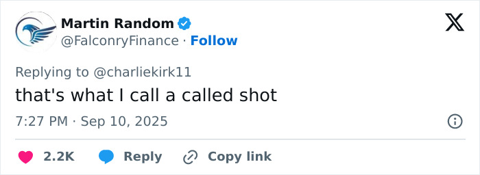 Tweet reply by Martin Random commenting on Charlie Kirk's post, highlighting the predicted passing with engagement metrics visible.