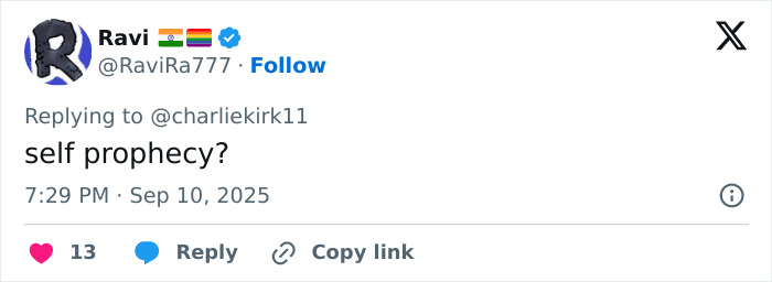 Screenshot of a tweet replying to Charlie Kirk&rsquo;s post, referencing his eerie self prophecy about passing.
