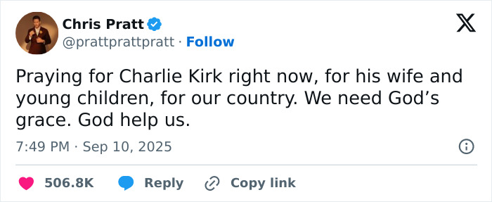 Chris Pratt sharing a tweet praying for Charlie Kirk, sparking reactions over his unusual prayer style.