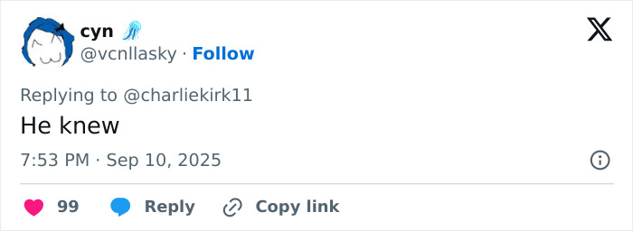 Screenshot of a social media reply to Charlie Kirk&rsquo;s post, referencing an eerie prediction about his passing.