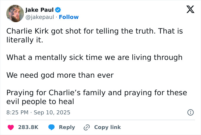 Tweet by Jake Paul discussing the shooting of Charlie Kirk and urging prayers amid a manhunt for the culprit. Tweet by Jake Paul discussing the shooting of Charlie Kirk and urging prayers amid a manhunt for the culprit.