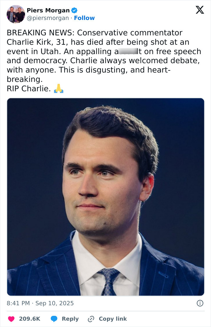 Charlie Kirk in a blue suit and tie, as witnesses describe horrific last moments and manhunt for the culprit continues. Charlie Kirk in a blue suit and tie, as witnesses describe horrific last moments and manhunt for the culprit continues.