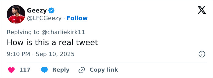 Screenshot of a tweet replying to Charlie Kirk&rsquo;s post questioning the authenticity of the message.