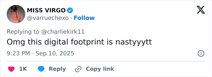 Tweet reply on a social media post about Charlie Kirk predicted his own passing, commenting on a digital footprint.
