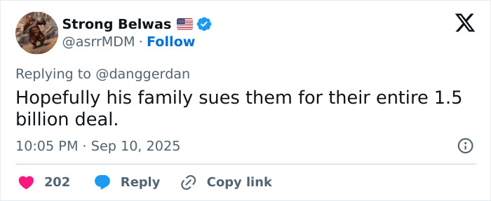 Screenshot of a tweet showing South Park viewers enraged over an eerie episode about Charlie Kirk, discussing lawsuits and backlash.