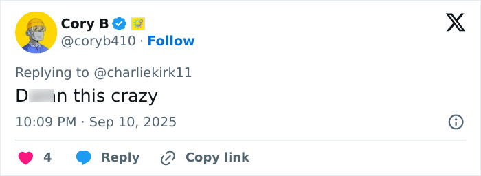 Screenshot of a social media reply reacting to Charlie Kirk's eerie post that predicted his own passing 11 years ago.