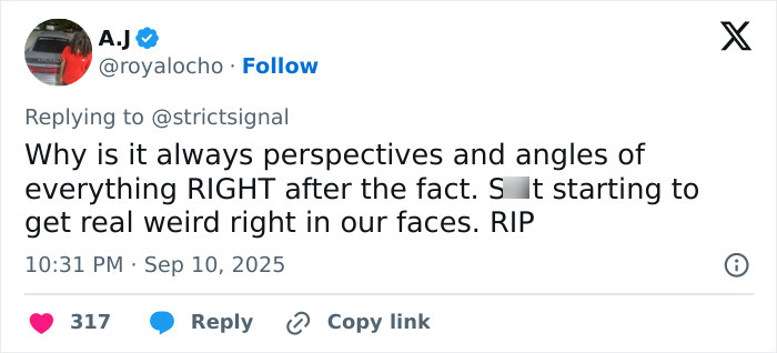 Screenshot of a tweet discussing perspectives and angles related to Charlie Kirk sniper&rsquo;s rooftop nest and attacker&rsquo;s POV.
