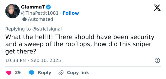 Tweet discussing concerns over security and rooftops in relation to Charlie Kirk sniper&rsquo;s rooftop nest revealed in photos.