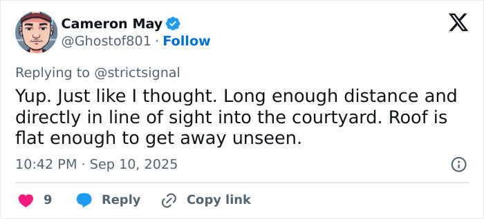 Tweet showing analysis of sniper&rsquo;s rooftop nest with line of sight into courtyard, highlighting attacker&rsquo;s exact point of view.