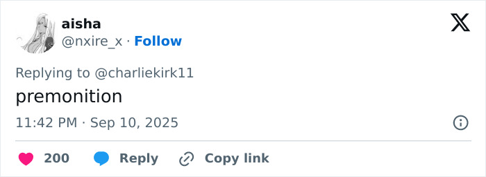 Tweet reply with the word premonition responding to Charlie Kirk, referencing a predicted passing in an eerie post.
