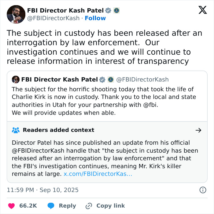 Screenshot of FBI Director Kash Patel&rsquo;s tweet on Charlie Kirk case update amid calls for FBI Director resignation.
