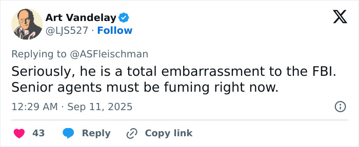 Screenshot of a social media post criticizing FBI Director&rsquo;s handling of Charlie Kirk case amid growing calls to quit.