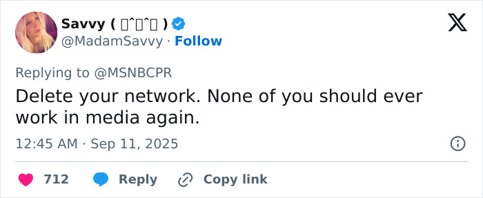 Twitter post from user Savvy criticizing the media, related to commentator fired after Charlie Kirk remarks following Utah tragedy.
