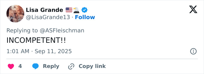 Screenshot of a social media post criticizing FBI director over amateur hour mistake in Charlie Kirk case amid calls to quit.