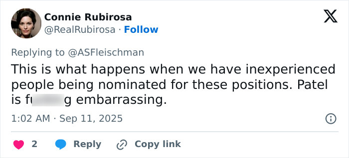 Tweet from Connie Rubirosa criticizing FBI Director Patel&rsquo;s inexperience amid calls to quit in Charlie Kirk case controversy.