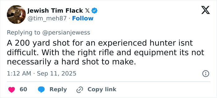 Screenshot of a tweet discussing the difficulty of a 200-yard shot with the right rifle and equipment.