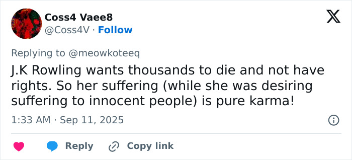 Tweet criticizing J.K. Rowling amid viral cancer rumor, highlighting public backlash and intense online reactions. Tweet criticizing J.K. Rowling amid viral cancer rumor, highlighting public backlash and intense online reactions.