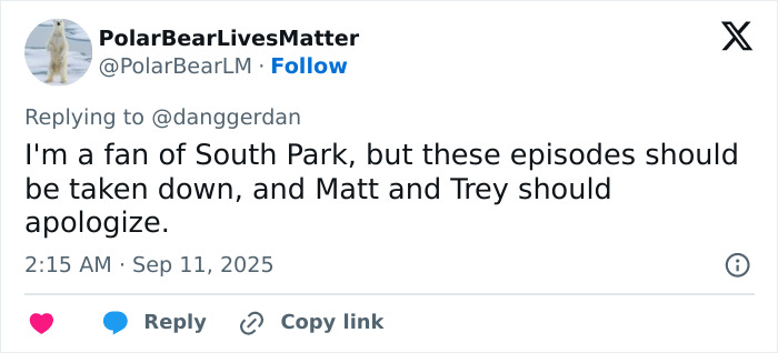 Tweet from user PolarBearLivesMatter expressing anger over South Park episode about Charlie Kirk and calling for apology from creators.