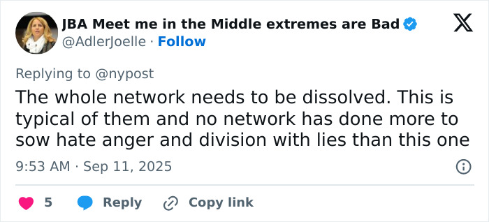 Screenshot of a tweet criticizing a network after commentator made unacceptable Charlie Kirk remarks following Utah tragedy.