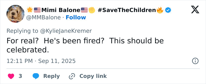 Screenshot of a tweet discussing the commentator who made unacceptable Charlie Kirk remarks and was fired after Utah tragedy.