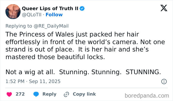 Tweet praising the Princess of Wales for her no-hairband perfect bun and effortlessly packed hair going viral online. Tweet praising the Princess of Wales for her no-hairband perfect bun and effortlessly packed hair going viral online.