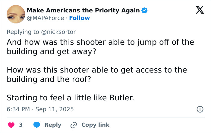 Tweet discussing how the Charlie Kirk sniper accessed the rooftop and escaped after the attacker's shot.