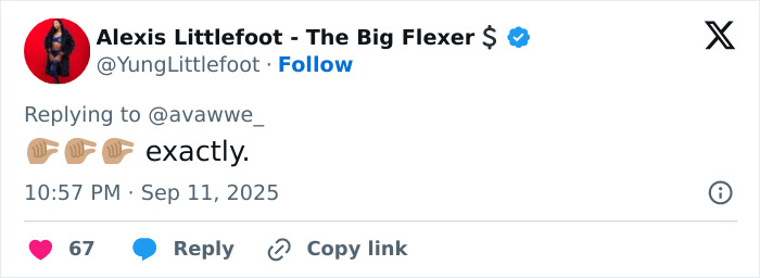 Alexis Littlefoot responding to a tweet with a clenched fist emoji, related to The Rock's daughter and Charlie Kirk remarks. Alexis Littlefoot responding to a tweet with a clenched fist emoji, related to The Rock's daughter and Charlie Kirk remarks.