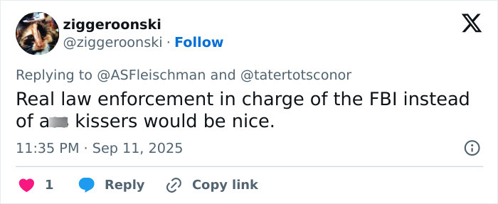 Tweet criticizing FBI leadership amid calls to quit over amateur hour mistake in Charlie Kirk case, posted in 2025.