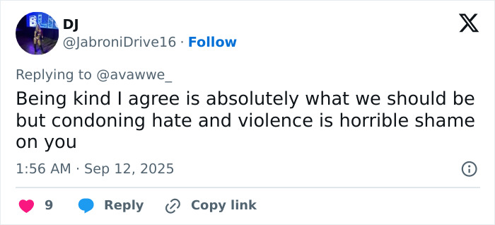 Screenshot of a tweet replying about kindness but condemning hate amid The Rock's daughter doubling down on Charlie Kirk remarks controversy. Screenshot of a tweet replying about kindness but condemning hate amid The Rock's daughter doubling down on Charlie Kirk remarks controversy.