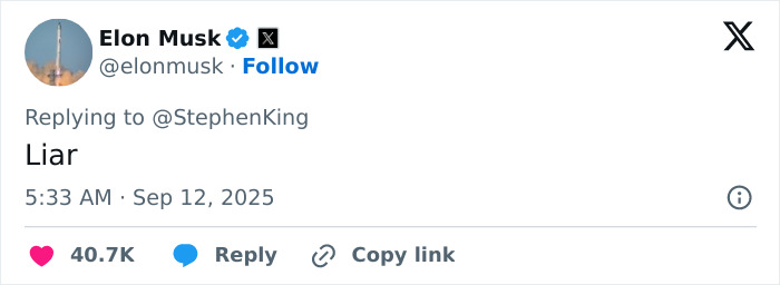 Elon Musk Has Strong One Word Response To Stephen King's False Allegation Against Charlie Kirk After His Passing Elon Musk Has Strong One Word Response To Stephen King's False Allegation Against Charlie Kirk After His Passing