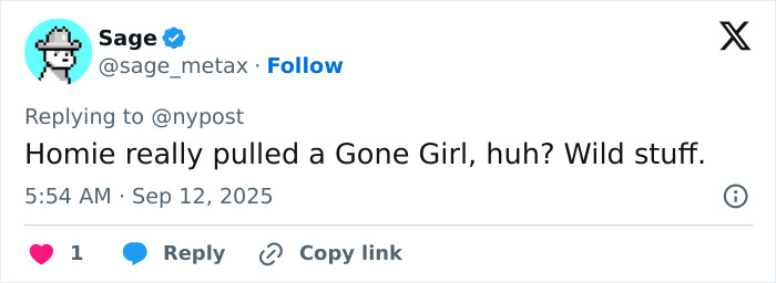 Screenshot of a tweet referencing husband&rsquo;s final texts to wife after he faked his passing to be with mistress.