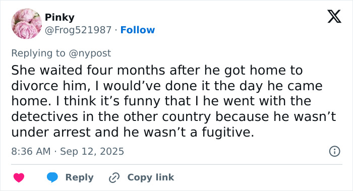 Tweet discussing husband's final texts to wife after faking his passing to be with mistress, mentioning detectives and divorce timing.