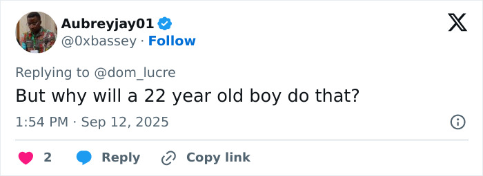 Tweet from Aubreyjay01 questioning why a 22-year-old would commit a crime related to Charlie Kirk's assassin's capture. Tweet from Aubreyjay01 questioning why a 22-year-old would commit a crime related to Charlie Kirk's assassin's capture.